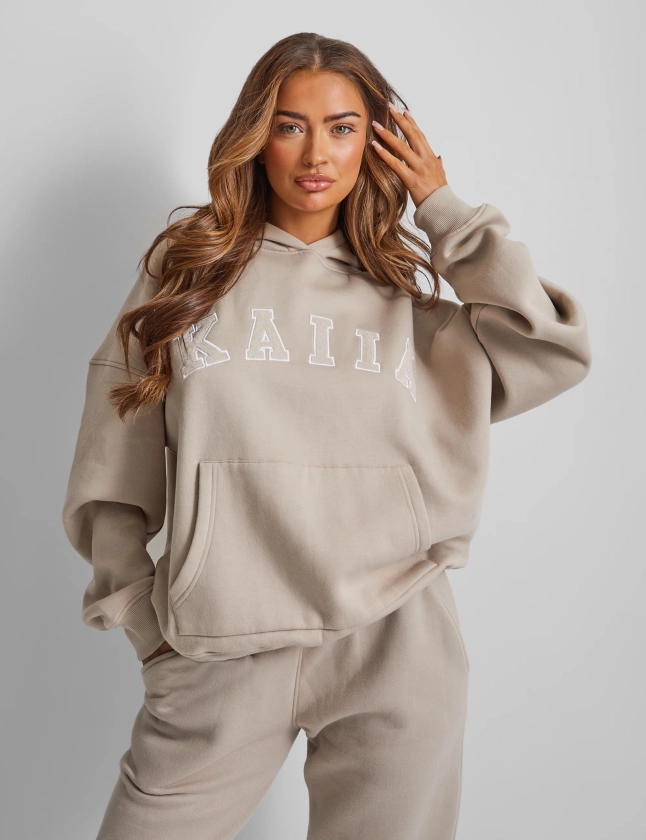 Kaiia Slogan Oversized Hoodie Stone