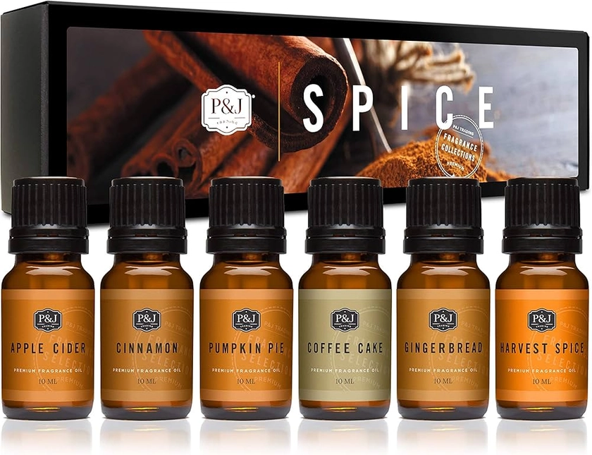 Amazon.com: P&J Trading Spice Set of 6 Premium Grade Fragrance Oils - Cinnamon, Harvest Spice, Apple Cider, Coffee Cake, Gingerbread, Pumpkin Pie - 10ml : Health & Household