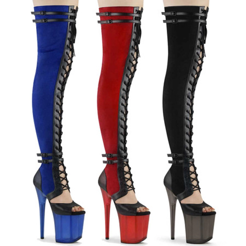 Pleaser | FLAMING0-3027, Lace-up Sandal Style Suede Thigh High Boots