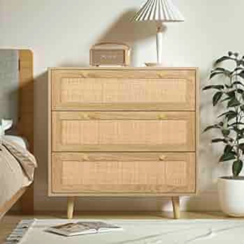 Anmytek Dresser for Bedroom with 3 Drawers, Modern Wood 3 Drawer Dresser, Rustic Oak Chest of Drawer with Spacious Storage Rattan Dresser for Bedroom Living Room H0027