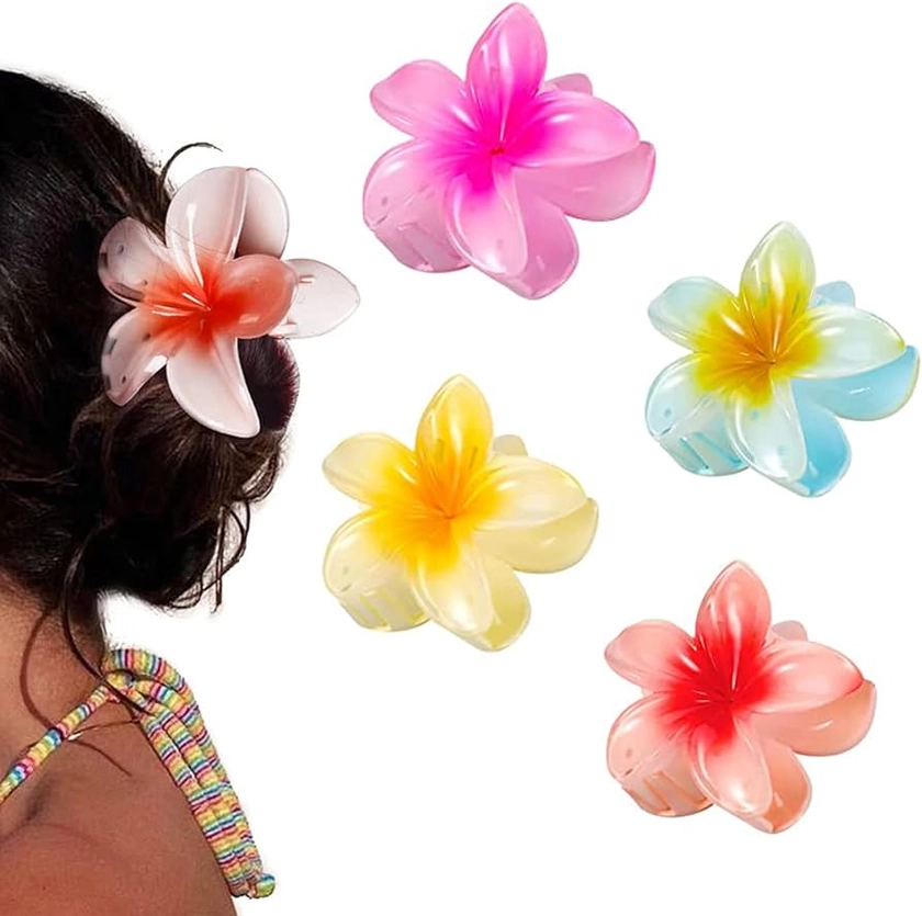 YIHECWY4 Pieces Plumeria Flower Hair Claw Clips Acrylic Hair Jaw Clips Hawaiian Hair Claw Clips for Medium Thick Hair Women and Girls Hawaii Hair Accessorie(4 colors)