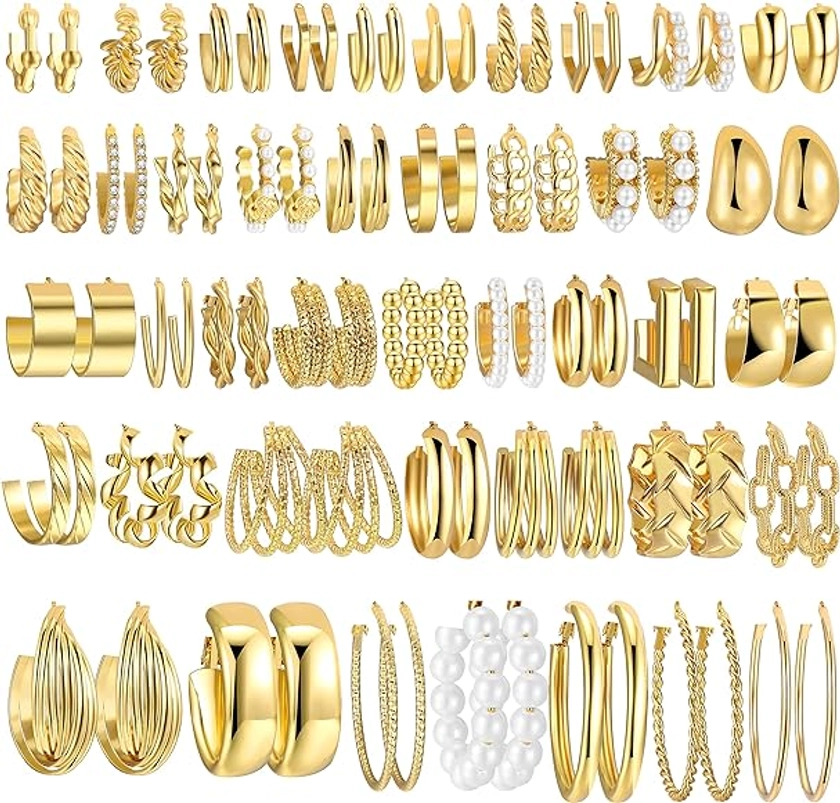 42 Pairs Gold Hoop Earrings Set for Women, Fashion Chunky Pearl Earrings Multipack Twisted Statement Earring Pack, Hypoallergenic Small Big Hoops Earrings for Birthday Party