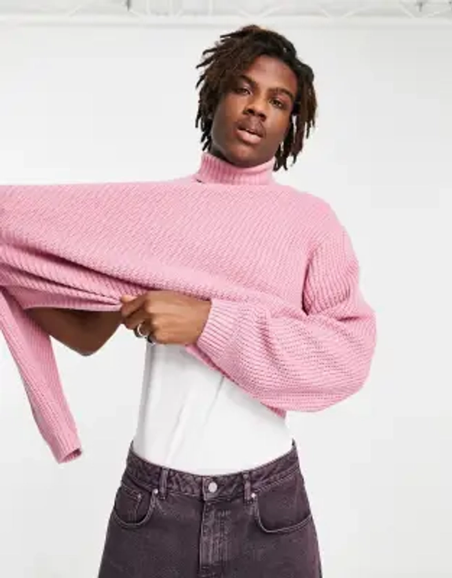 ASOS DESIGN - Pull col roulé oversize en maille à côtes anglaises - Rose | ASOS