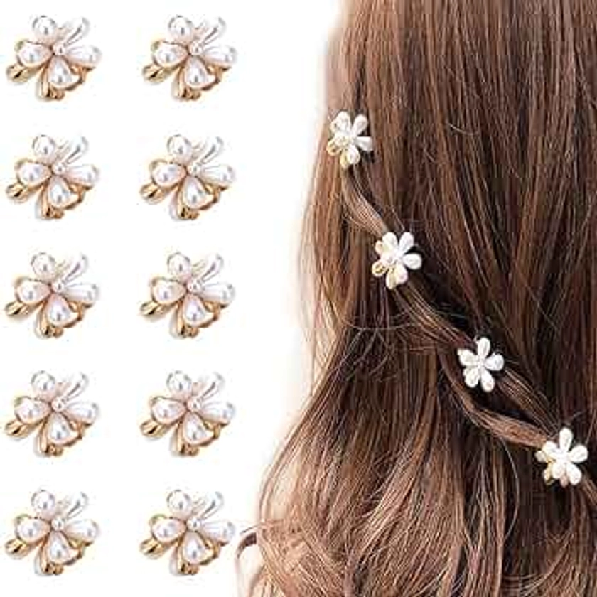 10 Pcs Small Mini Pearl Claw Clips with Flower Design, Sweet Artificial Bangs Clips Decorative Hair Accessories for Women Girls