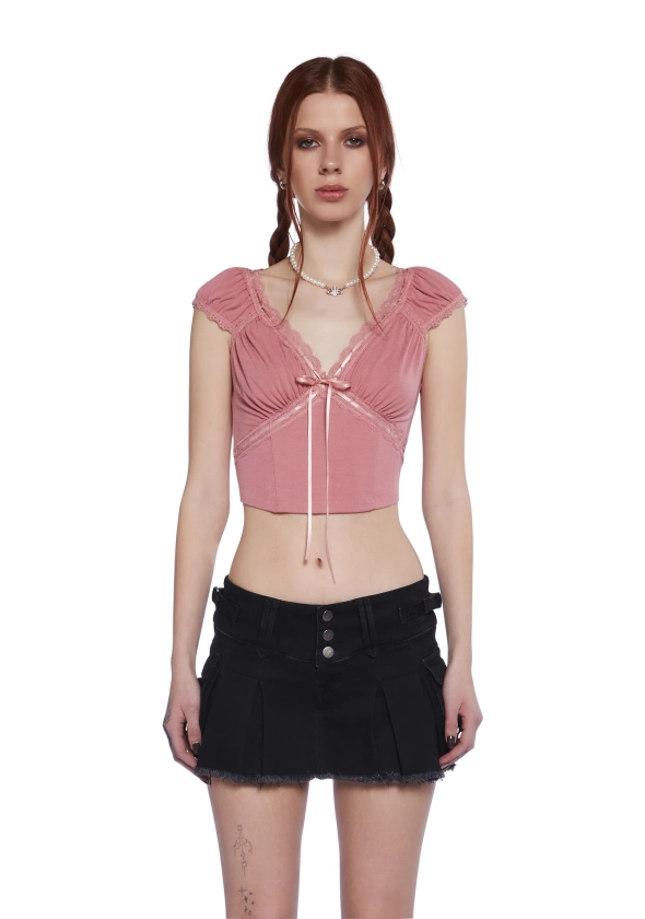 Delia's Lace Trim Crop Top With Interlocking Ribbon - Pink