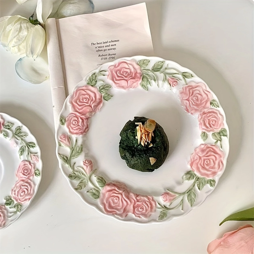 1pc, Romantic Rose Embossed Plate, Embossed Floral Dinner Plate, Afternoon Tea Cake, Fruit Plate, Gentle *, Romantic Glazed Ceramic Plate, High Temperature Resistant Tableware, Table Decorations, Shooting Props