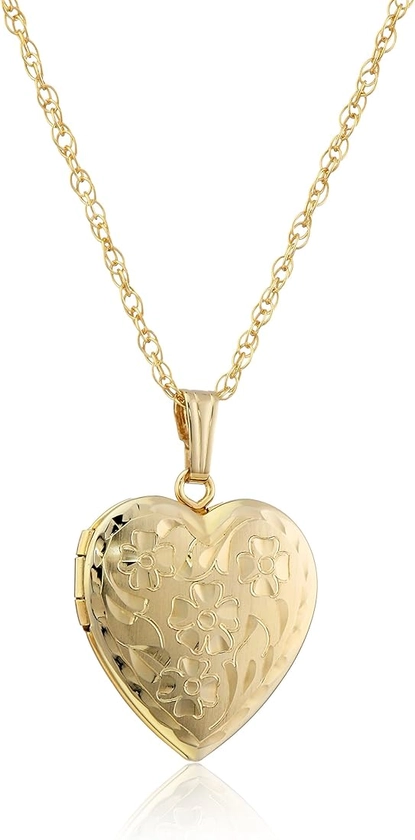 Amazon Essentials 14k Engraved Flowers Heart Locket Necklace, 18" (previously Amazon Collection)