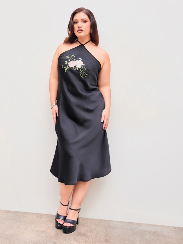 Satin Halter Floral Embroidery Midi Dress Curve & Plus