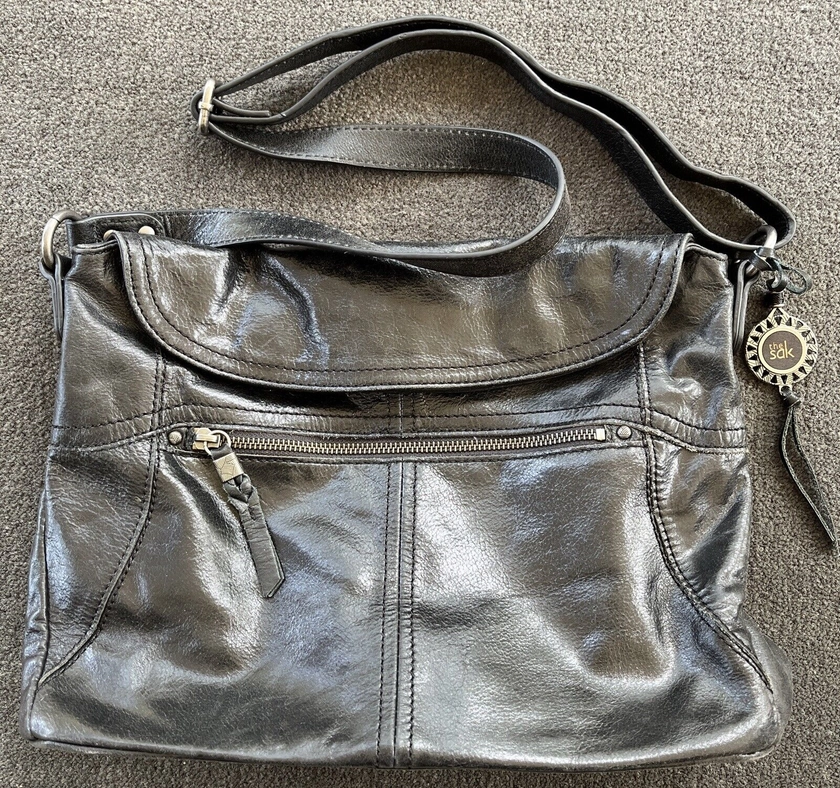 The Sak Fold Flap Crossbody Black Leather Adjustable Shoulder Bag Purse