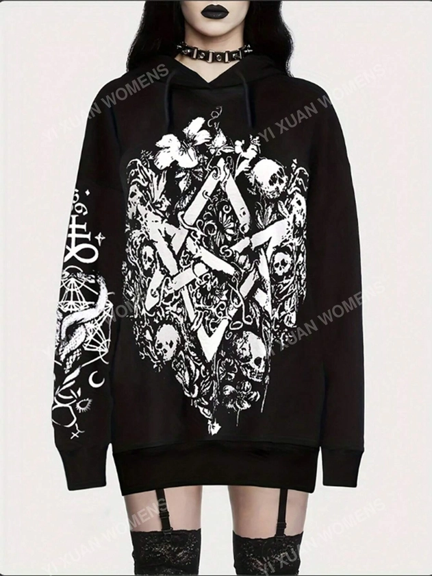 Women's Plus Size Gothic Street-Style Hip-Hop Loose Casual Graffiti Skull Head & Letter Printed Hoodie