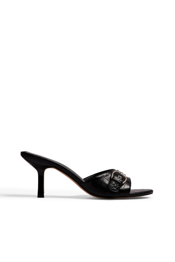 Rounded Toe Buckle Detailed Mules Black