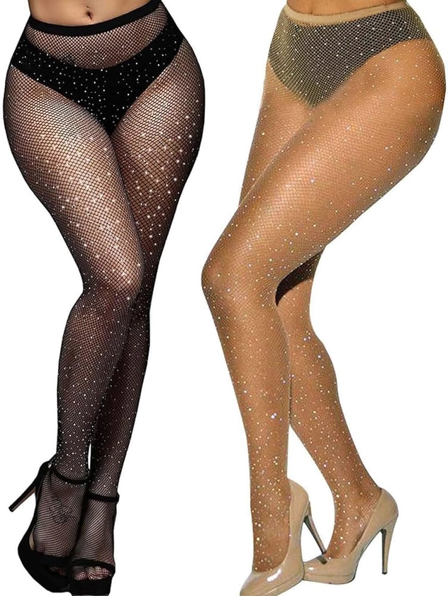 Betteraim Women's Rhinestone Fishnet Tights Sparkle Fishnet Stockings Carnival Glitter Tights (as1, alpha, x_s, m, regular, regular, X-black nude 2 pairs) at Amazon Women’s Clothing store