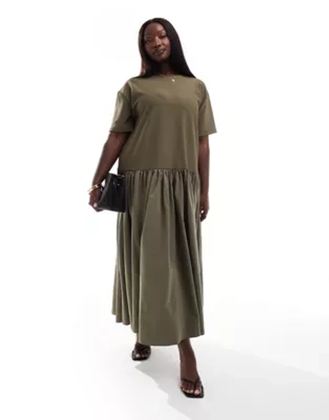 ASOS EDITION Curve jersey contrast fabric tshirt dress with drop waist in olive green | ASOS