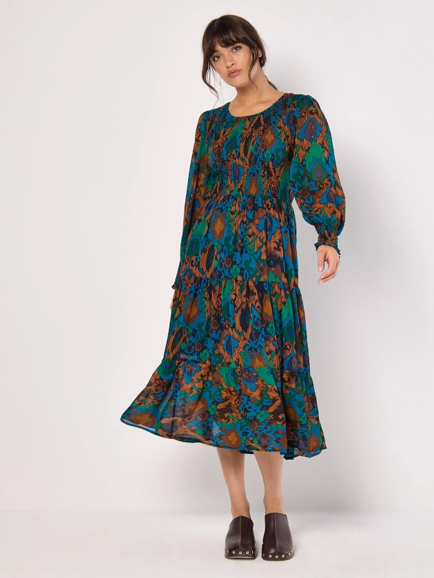 Ikat Chiffon Smocked Midi Dress | Apricot Clothing