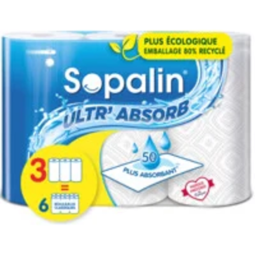 Essuie-tout ultr'absorb blanc SOPALIN : le paquet de 3 rouleaux à Prix Carrefour