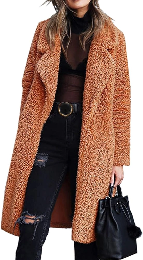 Angashion Women's Fuzzy Fleece Lapel Open Front Long Cardigan Coat Faux Fur Warm Winter Outwear Jackets Caramel M at Amazon Women's Coats Shop