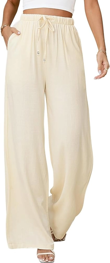 Womens Linen Pants Casual Wide Leg Pants Summer Palazzo Pants Loose Flowy Beach Pants Drawstring Elastic Trousers