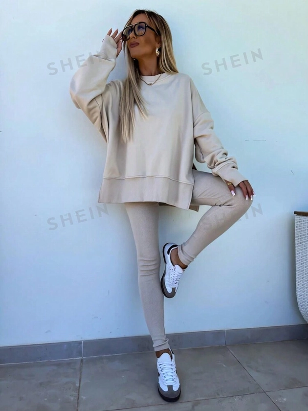 SHEIN Essnce Ladies' Solid Color Simple Daily Long Sleeve Top And Long Pants Two-Piece