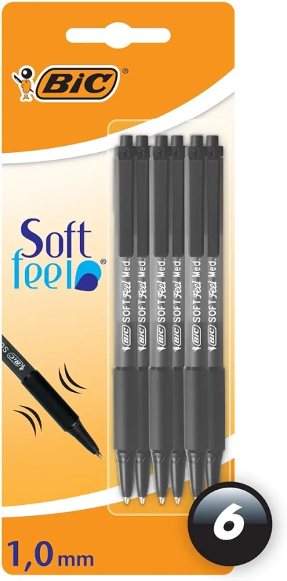 Bic Soft Feel Ballpoint Pens, Retractable Pens, Ideal for School and Office, Medium Point (1.0 mm), Black, Pack of 6