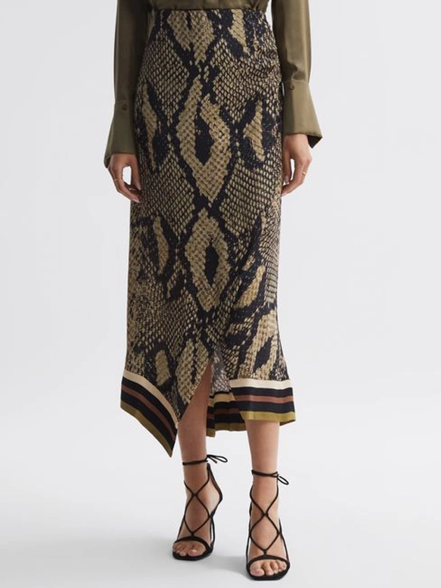 Snake Print Midi Skirt in Brown - REISS