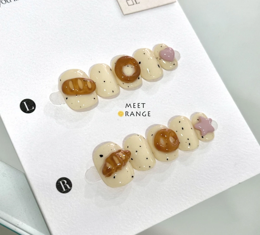 84 Kawaii Nails 3D Cute Croissant Nails Nails Art Korean Nails Japanese Nails Birthday Gifts Short Beige Nails - Etsy