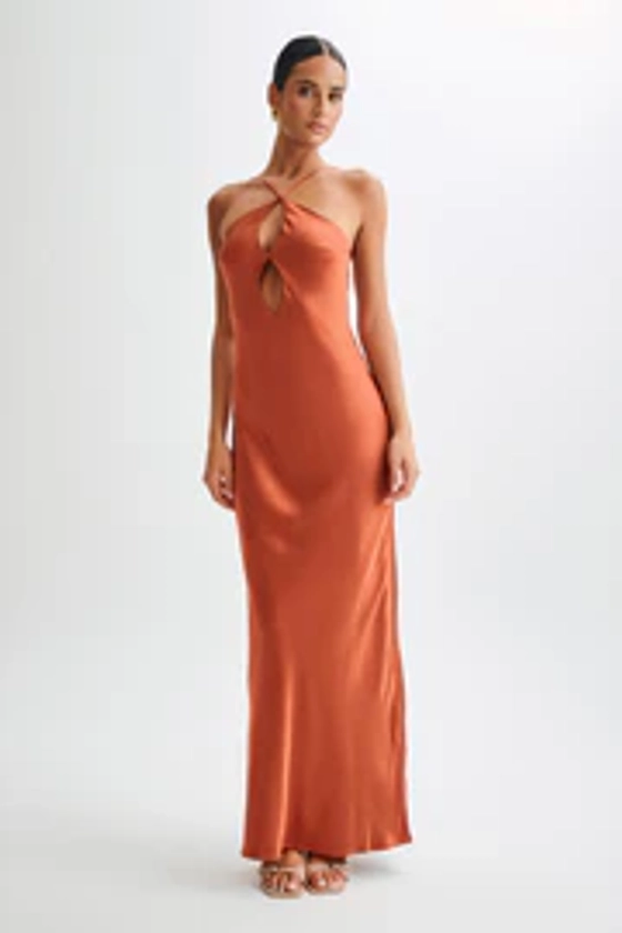 Lucia Satin Cut Out Maxi Dress - Burnt Orange
