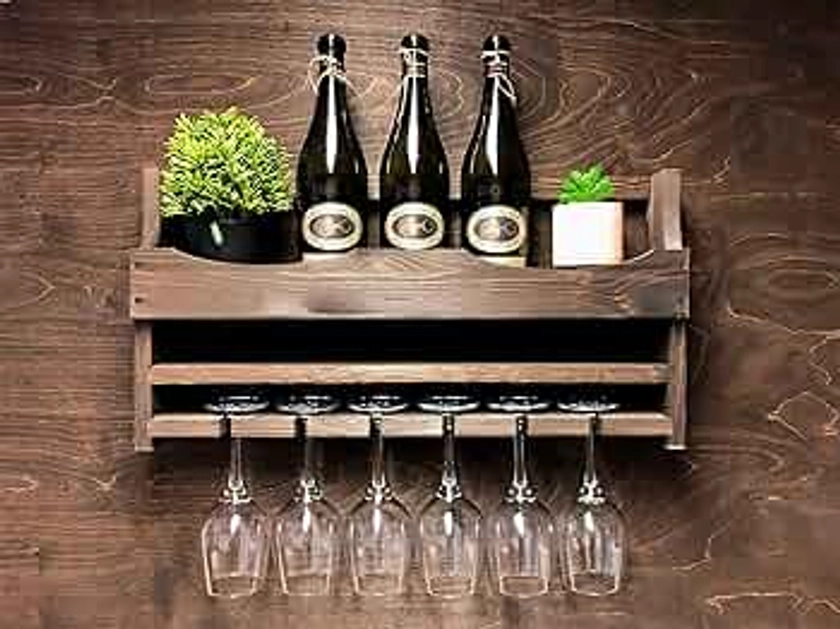 Wooden Wine Bottle Holder and 6 Glass Wall Mounted Display (6DO)(EM)