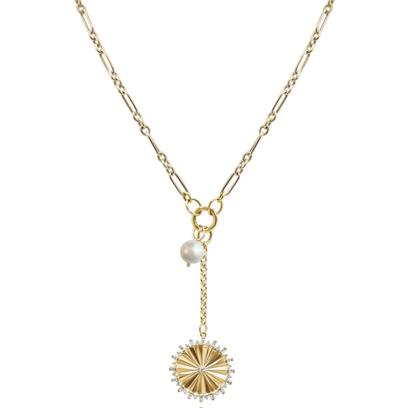 Solid Gold Layered Necklace Set With Mixed Clip Chain, Natural Diamond Starburst Medallion, Pearl Charm & Hinge Clasp