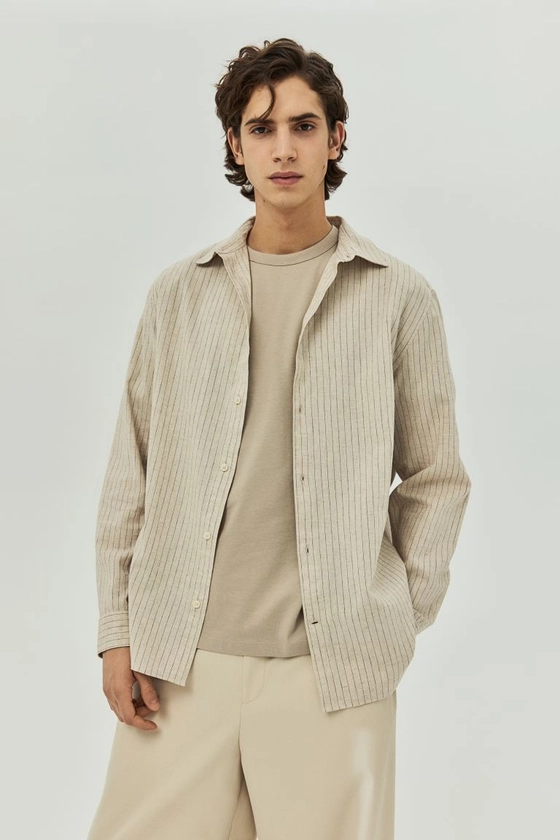 Regular Fit Linen-blend shirt - Beige/Striped - Men | H&M GB