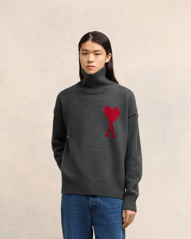 Heather Grey/Red Red Ami De Coeur Sweater | AMI PARIS