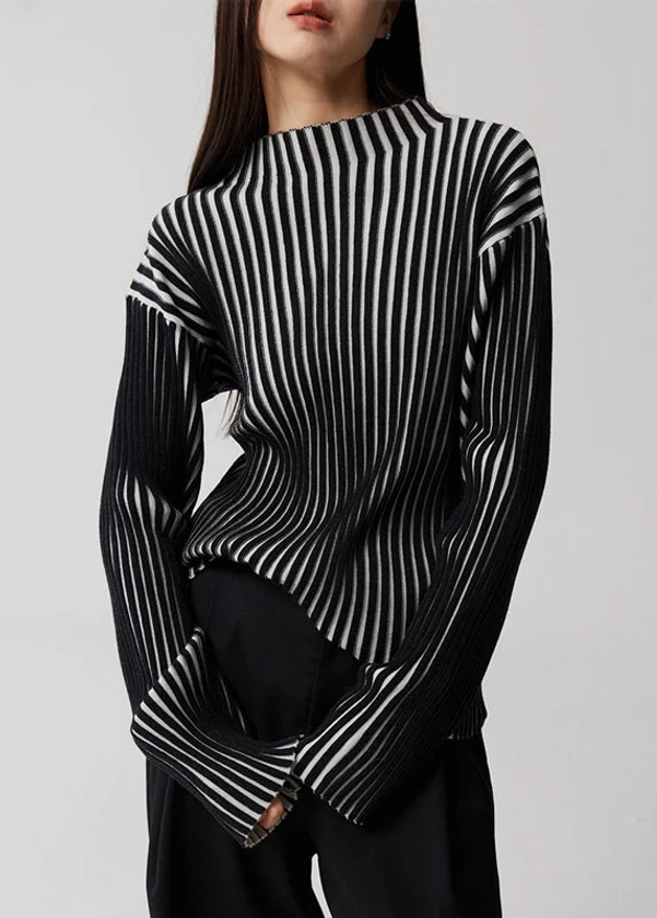 French Striped Stand Collar Patchwork Knit Top Long Sleeve - Ada