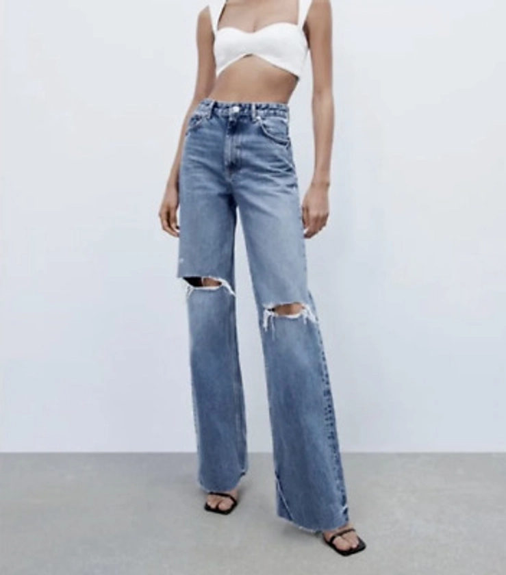 ZARA NEW WOMAN FULL LENGTH RIPPED JEANS High-waisted Wide Leg MID BLUE Size 0