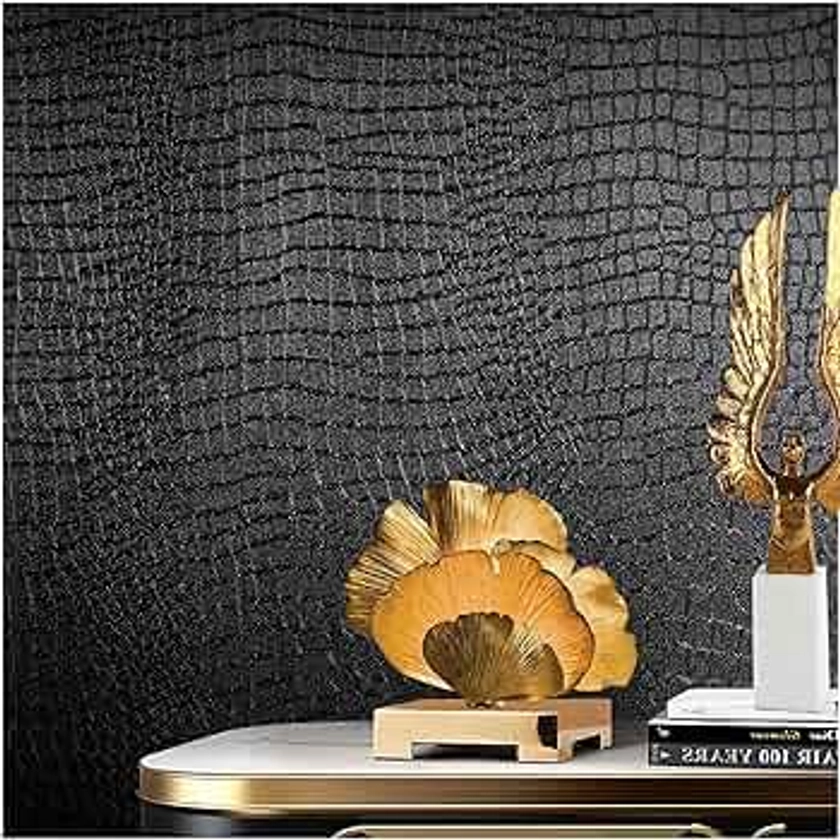 Black Peel and Stick Wallpaper, 15.7" X 118" Crocodile Wallpaper Embossed Easy Peel Off Wallpaper Self Adhesive Removable Contact Paper Textured Wallpaper for Cabinet Bedroom