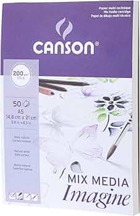 CANSON Imagine - Bloc 50 feuilles - Papier multitechnique - Grain léger - A5 - 200g/m² - Blanc