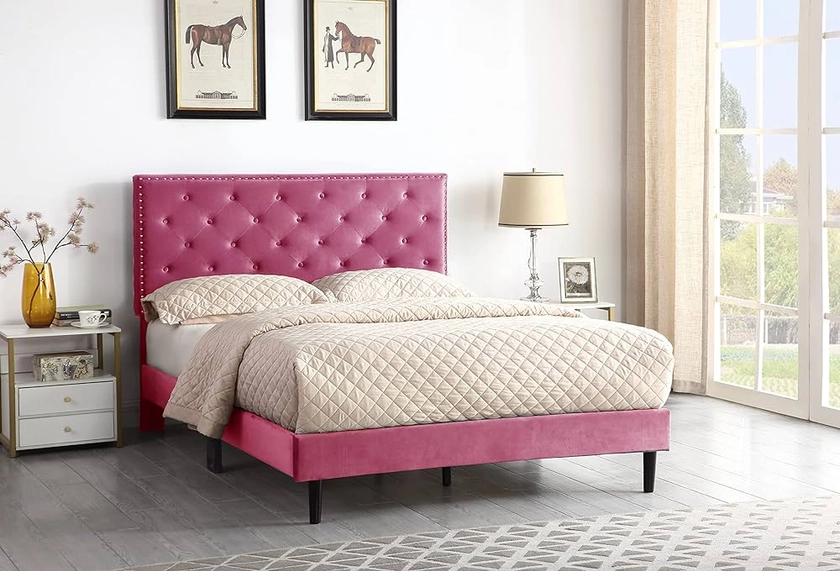 Full Upholstered Platform Bed Frame with 48" Tall Adjustable Headboard - Button Tufted Suede Velour Bed- Wood Slat Support with Storage Space - No Box Spring Needed - Pink - OLIVER & SMITH - Princeton : Amazon.com.au: Everything Else