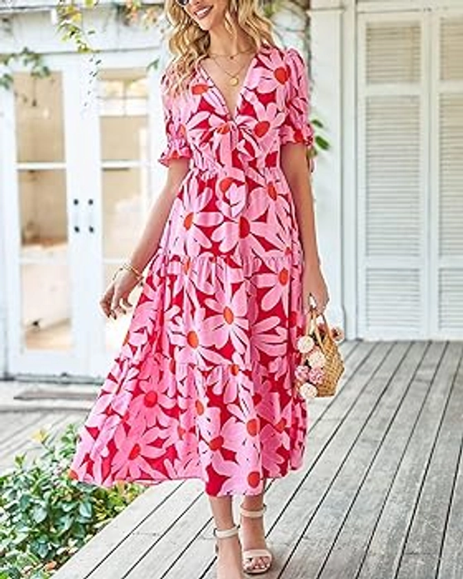 BTFBM Women's 2024 Summer Boho Dress Tie Front Deep V Neck Cutout Short Sleeve Floral Casual Party Beach Maxi Dresses