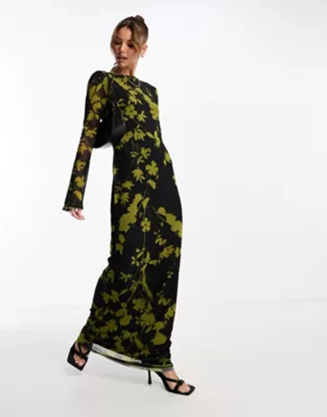 ASOS DESIGN - Robe longue imprimée en tulle fleuri avec dos échancré et manches ange - Vert et noir | ASOS