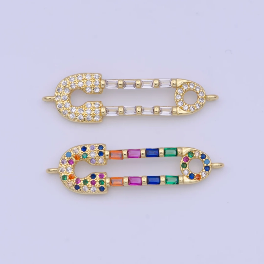 Clear/rainbow Gold Safety Pin Charm Connector, 24K Gold Filled Multicolor Micro Paved CZ Baguette on Safety Pin Connector G-559, G-560 - Etsy