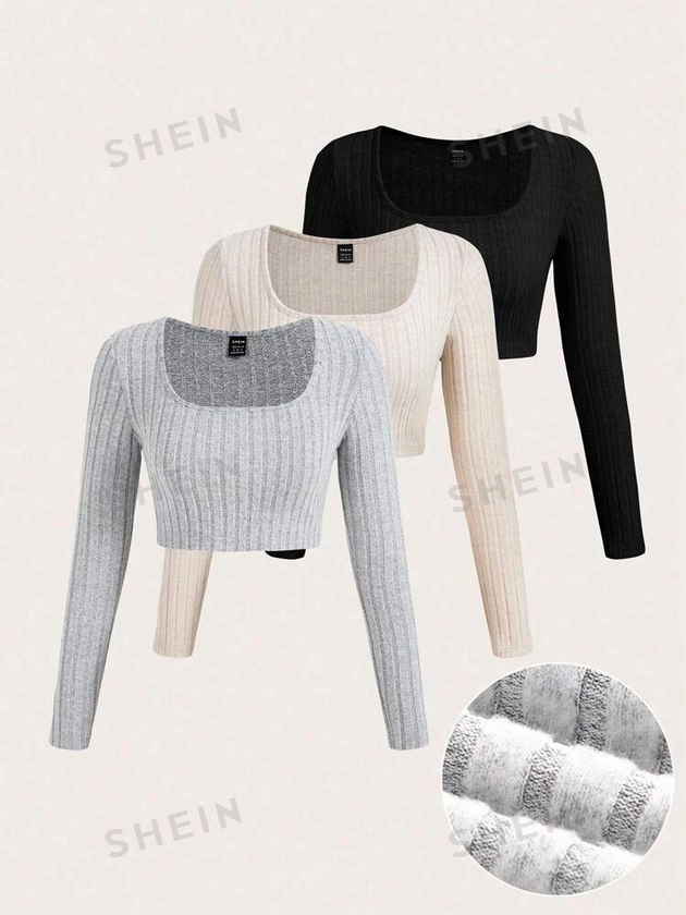 SHEIN EZwear 3 Pcs Multicolor Knitted Women Tight Basic T