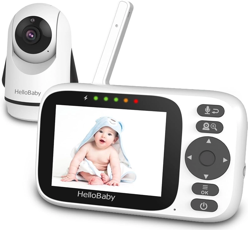 HelloBaby Babyphone Vidéo 720p avec 355 degrés caméra rotative, Écran IPS, 3.2’’ Visiophone pour Bébé avec Audio Bidirectionnel, VOX, Vision Nocturne Capteur de Température et 8 Berceuses