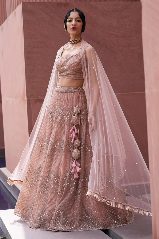 Buy Pink Net Embroidered Chevron Pattern Rifka Geometric Bridal Lehenga Set For Women by Charu and Vasundhara Online at Aza Fashions.