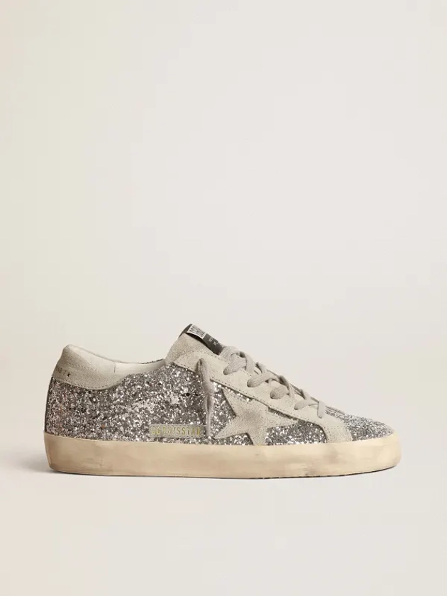 Super-Star in silver glitter with ice-gray suede star | Golden Goose