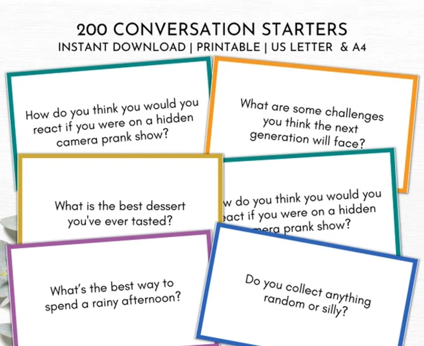 200 Conversation Starters | Printable Conversation Cards | Get to Know You Questions | Work Icebreaker Games | Family Dinner Questions