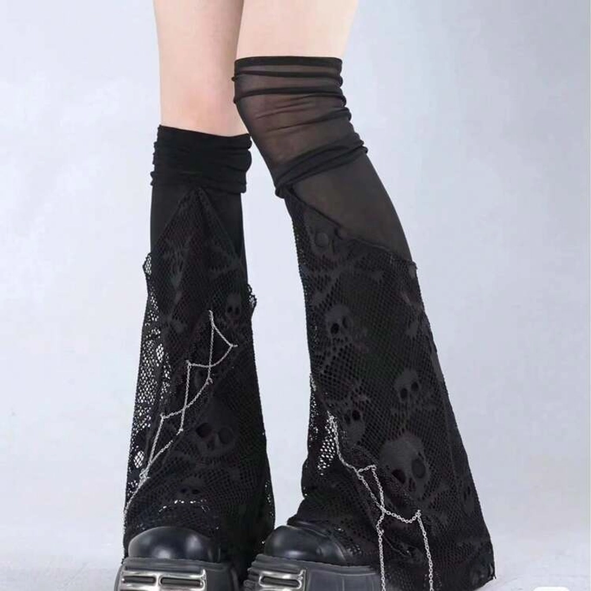 Subculture Punk Style Skull Net Thigh High Stockings, Slouchy Leg Look Halloween