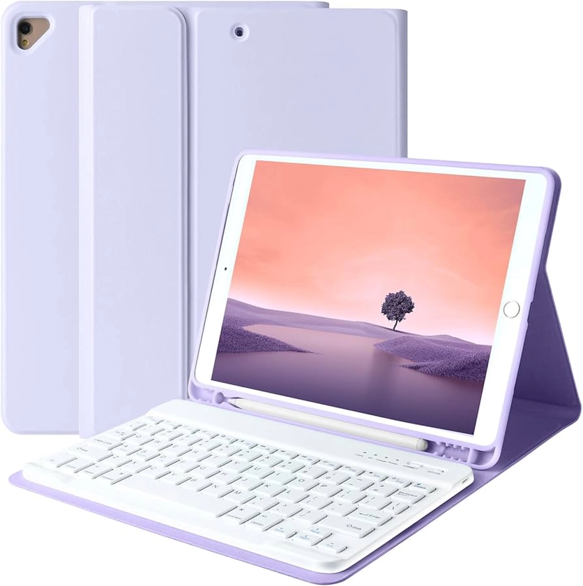 Keyboard Case for iPad 9th Generation 2021/8th Gen/7th Gen 10.2 Inch, Detachable Wireless with Pencil Holder Keyboard Cover for New iPad 9th Gen/8th Gen/7th Gen 10.2"/iPad Air 3/iPad Pro 10.5", Purple