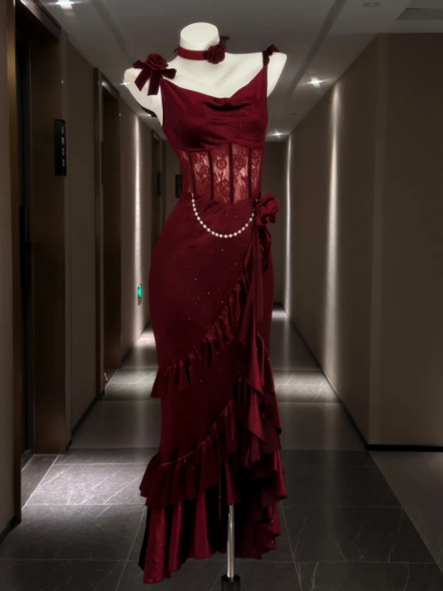 [$57.75]Red Boned Lace Waist Thigh-high Slit Mermaid Dress Evening Gown