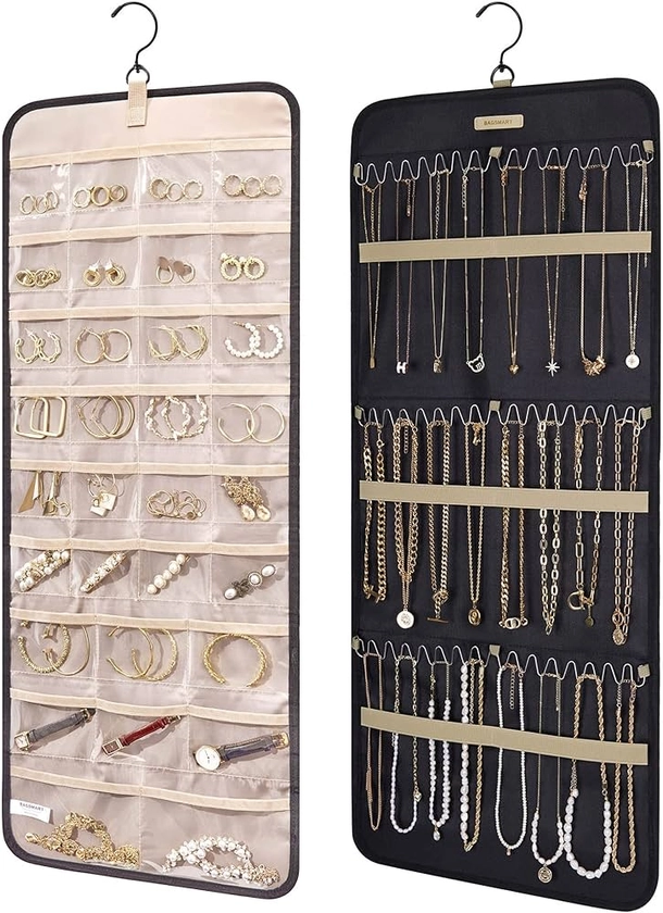 Amazon.com: BAGSMART Hanging Jewelry Organizer Storage Roll with Hanger Metal Hooks Double-Sided Jewelry Holder for Earrings, Necklaces, Rings on Closet, Wall, Door, 1 piece, Large, Black : Clothing, Shoes & Jewelry