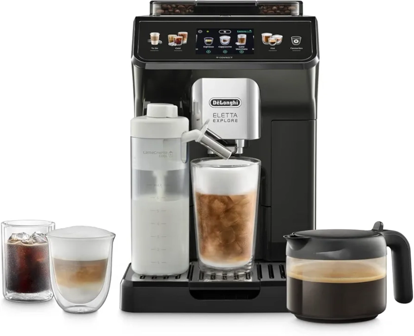 De'Longhi Eletta Explore Cold Brew ECAM452.67.G Kaffeevollautomat mit LatteCrema Milchsystem, Heiße & Kalte Getränke auf Knopfdruck, 3,5 Zoll TFT Touchscreen Farbdisplay, inkl. Kaffeekanne, Dunkelgrau