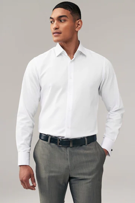 White Slim Fit Trimmed Easy Care Double Cuff Shirt