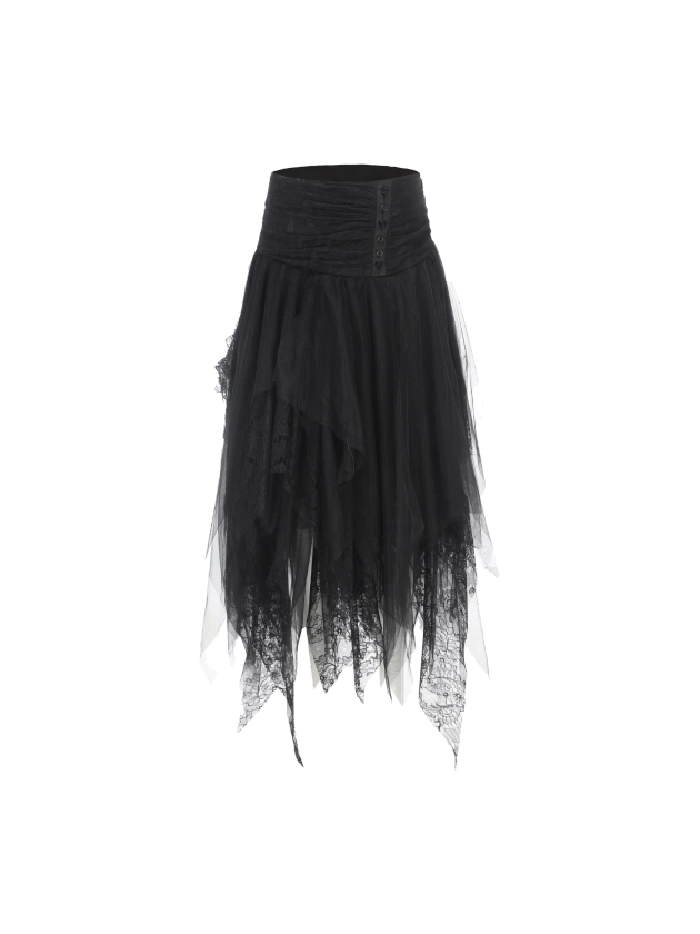 Black Lace Asymmetric Mesh Mid-Length Skirt